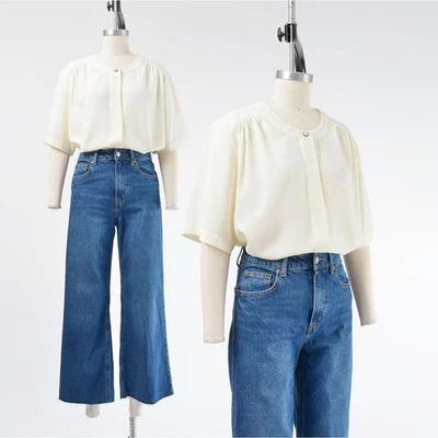 Vintage 90s Cream Embroidered Blouse Minimal Romantic Floral Short Sleeve Top L - Image 1 of 4