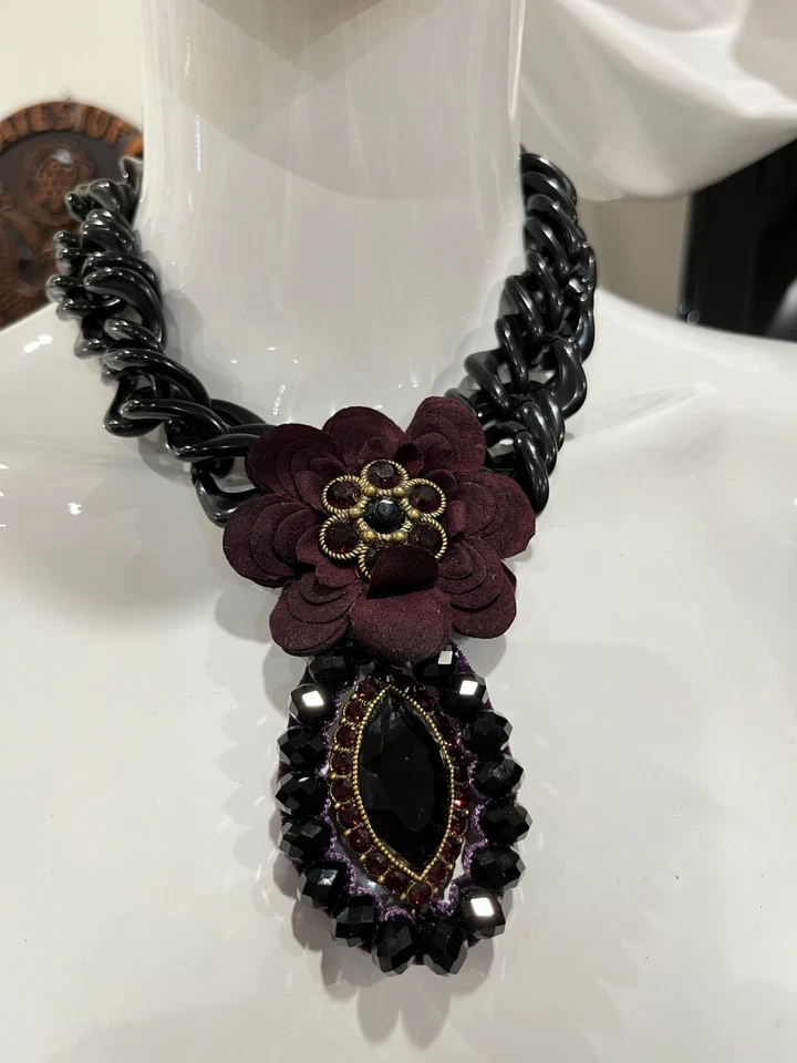 VTG Cocktail Necklace Michal Negrin Glass Stone Black Acrylic Chain Cuban DS52 - Image 1 of 4