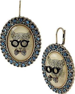 Pendientes colgantes camafeo gafas de latón y leopardo azul vintage Betsey Johnson X6301 Foto 1 de 4