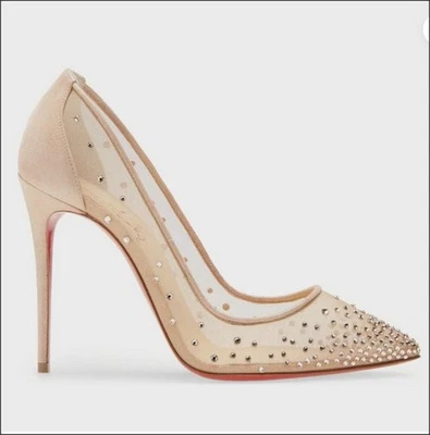 $1295 New Christian Louboutin Follies 100 Strass Pump Shoe Heel Beige 37.5 7.5 - Image 1 of 4
