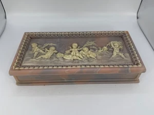 Vintage Incolay Stone Resin Pink Gray Cherubs Angels Jewelry Box - Picture 1 of 19