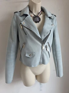 River Island Light Blue Faux Suede Biker Jacket Women's UK 8 Cropped Zip Up - Picture 1 of 12
