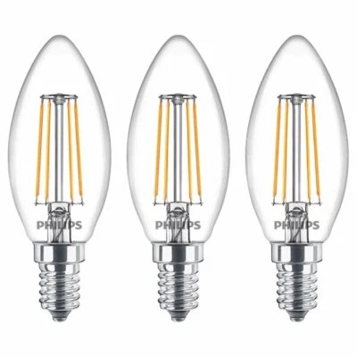 3 Pack of Philips 4.3W = 40W SES E14 LED Clear Filament Candle Warm White 2700K - Image 1 of 3