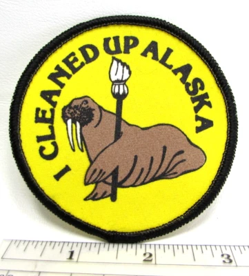 Vintage 1989 I Cleaned Up Alaska Jacket Patch Walrus Mop Oil Spill Petroleum - Image 1 of 3