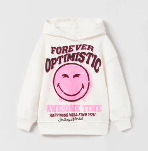 NWT Zara Girls Smiley Optimistic Pink Graphic Hoodie Sweatshirt Crew Punk 6 - Picture 1 of 3