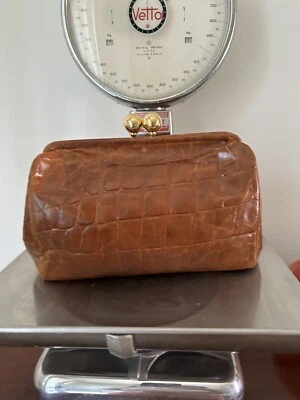 FURLA Bag Vintage Womens Brown Leather Crocodile Gold Clasp Clutch Handbag Italy - Image 1 of 4