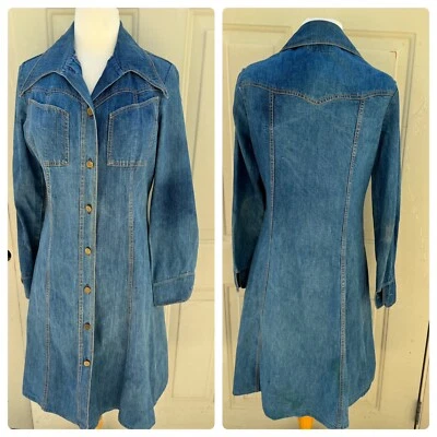 Vestido midi vintage anos 70 Hay Pence denim botão frontal ILGWU 34” tamanho M 12 - Imagem 1 de 4