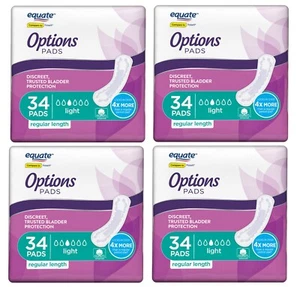 136 Count (4x34) Equate Options Women Incontinence Pads Light Regular Unscented - Picture 1 of 12
