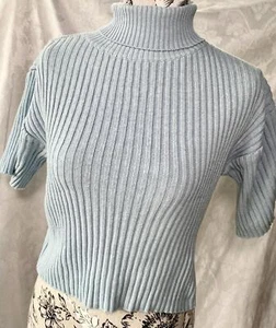 Vintage Ribbed Knit Light Blue Short Sleeve Turtleneck Sweater Preppy Soft Girl - Picture 1 of 7