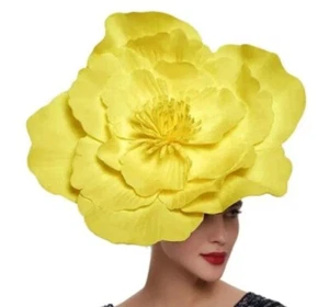 Fashion Feathers Bridal Prom Large Flower Bow Hat Headdress Fascinator Yellow - Picture 1 of 1