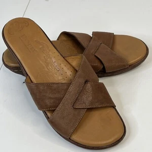 Born Leather Sandals Slip on Wedge Heel Brown Criss Cross US 7 EU 38 - Picture 1 of 9