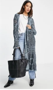 92 Free People Sea Spirit Blues Maxi Sweater Cardigan $268 S Oversize Crochet - Picture 1 of 10