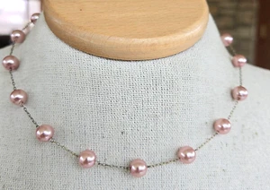 Collana girocollo vintage finta perla vetro perline cavo tono argento max 17,5" Adj - Foto 1 di 4