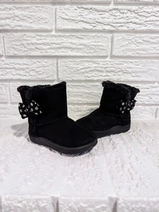 Toddler Girl Black Star Bow Shearling Boot Shoes Sz 5 Fur Lined Faux Suede - Picture 1 of 2