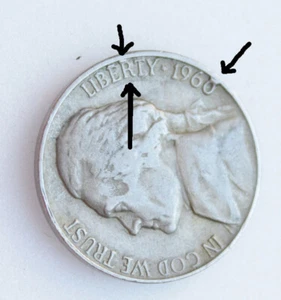 1960 D Jefferson Nickel US 5C Coin Circulated VF Rare Double Cud Errors Obverse - Picture 1 of 8