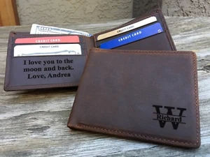 RFID Monogrammed Personalized Men's Custom Real Leather Bifold Wallet Minimalist - Picture 1 of 3