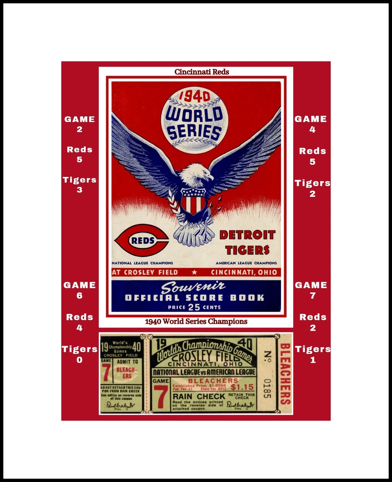 CINCINNATI RED 1940 WORLD SERIIES CHAMPS MATTED PIC OF GAME 7 TIX GAME PROGRA - Image 1 of 1