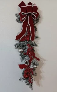 30" Long Door Swag, Flocked, Cones & Red And Silver Ornaments, Artificial - Picture 1 of 2