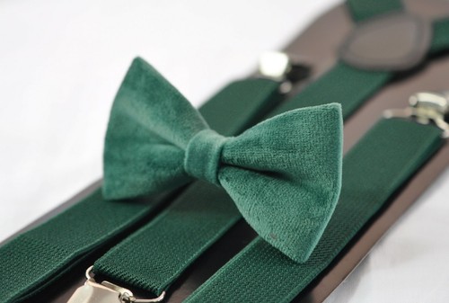 Emerald Green Dark Green Velvet Bow tie + Matched Elastic Suspenders all ages