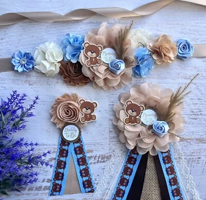 Conjunto de cinturón de faja de maternidad de oso de peluche azul, prendedor de papá y prendedor de mamá - Imagen 1 de 3