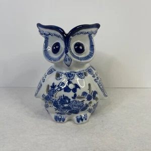 Owl Chinoiserie Votive Candle Holder Blue White Floral Reticulated - Picture 1 of 14