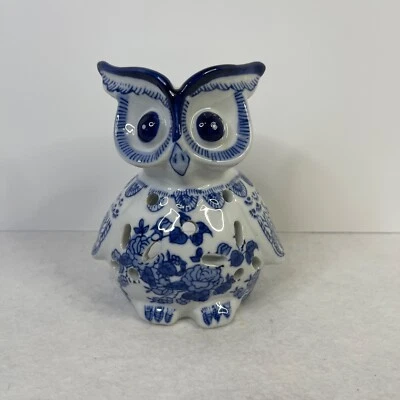 Candelabro votivo Owl Chinoiserie azul blanco floral reticulado Foto 1 de 4