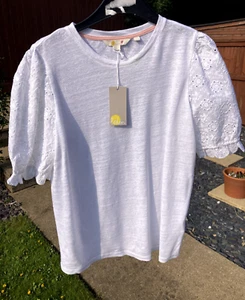 BODEN white broderie sleeve linen t-shirt size 16 T0935 --b60a - Picture 1 of 6
