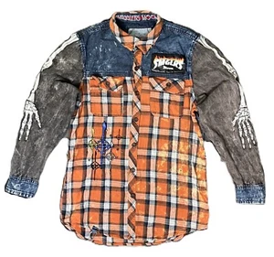 Smugglers Moon Shirt Men M Patchwork Skulls Flannel Denim Distressed Distillery - Picture 1 of 16
