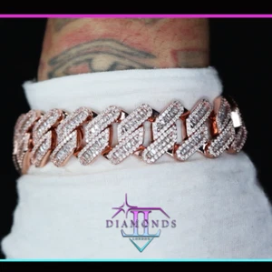 Rose Gold Baguette Simulated Diamond Bracelet, Mens Iced Out Cuban Link Bracelet - Picture 1 of 11