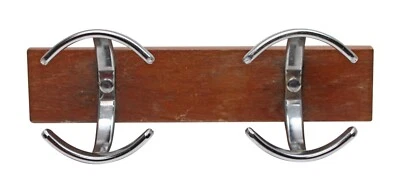 European Chrome Double Arch Hooks on Dark Tone Wood Wall Rack - Image 1 of 4