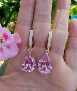 2Ct Pear Lab-Created Pink Sapphire Drop/Dangle Earring 14K Yellow Gold Plated - Picture 1 of 5