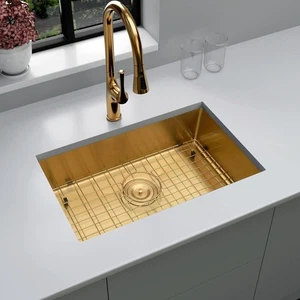 32'' Gold Undermount Single Bowl Kitchen Sink with Grid 16G Stainless Steel Sink - Picture 1 of 8