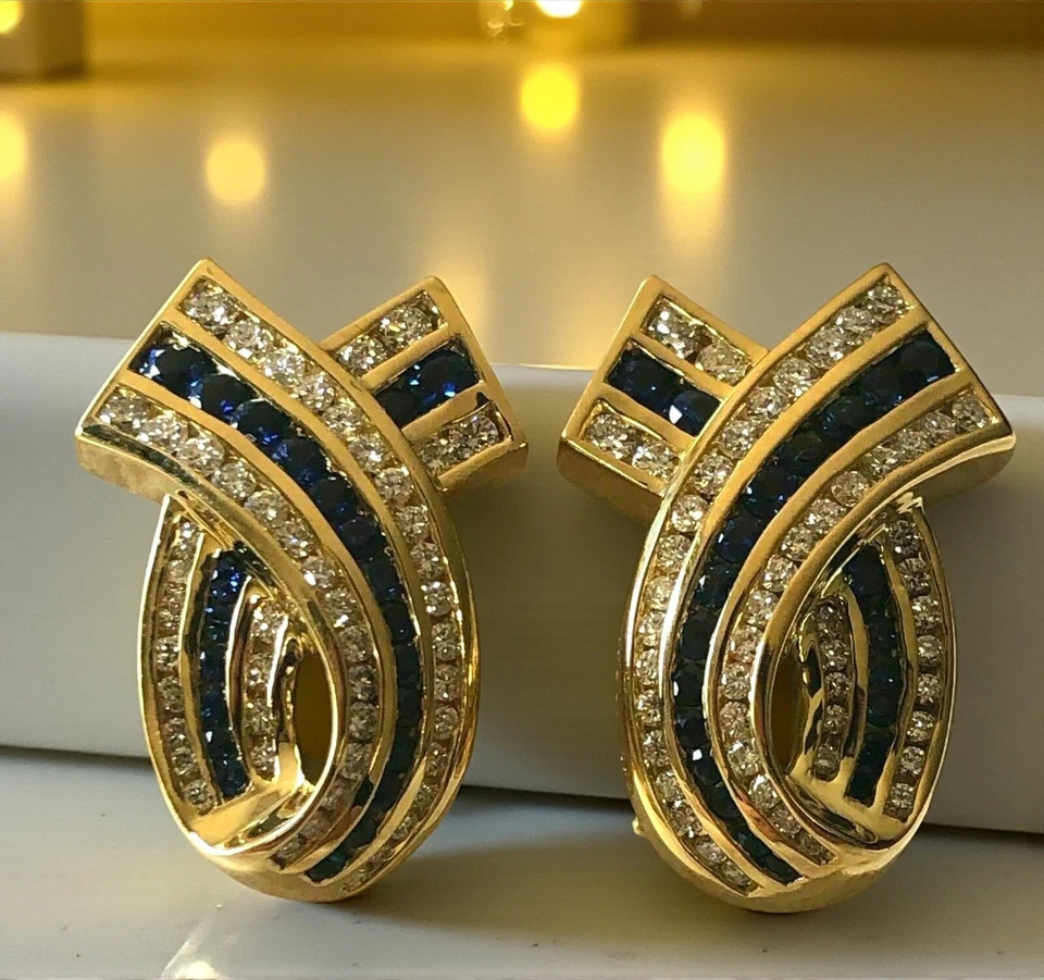 14K Yellow Gold Diamond & Blue Sapphire Ribbon Earrings Vintage Design, 3Ct - Image 1 of 4