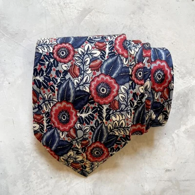 Vintage 70s 80s Pierre Cardin 100% Silk Floral Blue Red Neck Tie 56" Bullocks - Image 1 of 4