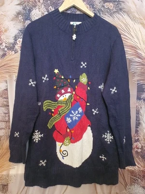 Quacker Factory Snowman Christmas Sweater M – Navy Blue Knit Holiday Pullover - Image 1 of 4