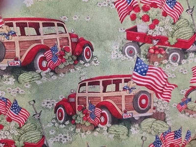 Susan Winget Red Trucks and Wagons USA flag cotton Fabric  42"Wx1yd OOP - Image 1 of 3
