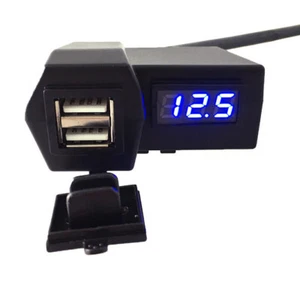 Motorcycle Dual USB Charger Socket Charger with LED Voltmeter Mirror Mount Fix - Picture 1 of 12