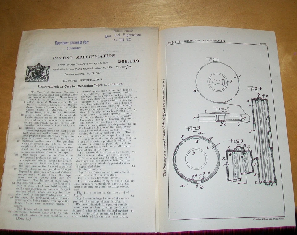 MEASURING TAPES CASE PATENT. L.S. STARRETT COMPAMY, MASSACHUSETTS, USA. 1927 - Image 1 of 1