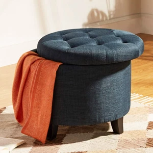 Pouf Contenitore Poggiapiedi in legno e tessuto Blu Sgabello Baule con scomparto - Foto 1 di 6