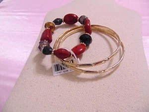 Style & Co 6" Gold Tone Bead/Stone Bangle Stretch Bracelet Set M314 $26 - Picture 1 of 4