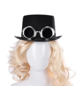 Men Women Steampunk Black Top Hat Headwear Fedora Silver Goggles UK Seller - Picture 1 of 1