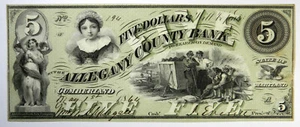 1864 $5 ALLEGANY COUNTY BANK CUMBERLAND MARYLAND OBSOLETE ~ CHOICE UNC! SN#194 - Picture 1 of 2