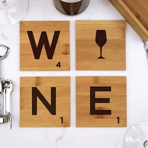 Set of 4 Scrabble Letter Tile Wood Coasters Gift Eco Present Engraved WINE Lover - Picture 1 of 19