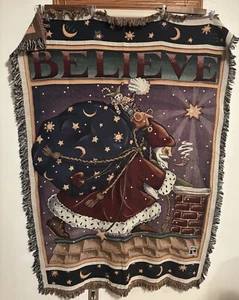 Santa Christmas Blanket Mary Engelbreit Believe Rooftop Throw Tapestry 76” X 54” - Picture 1 of 4