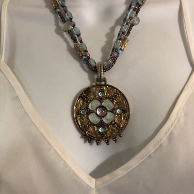 Bijoux Terner Necklace Beaded Floral Pendant Three Strand Brown Blue - Image 1 of 4