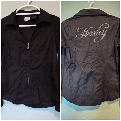 Harley Davidson Motocicletas Mujeres Cremallera Completa Tachonado Logo Estrás Botones Pequeños Foto 1 de 4