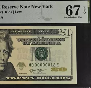 2013 $20 Federal Reserve Note PMG 67EPQ Superb Gem Low Serial Number 00000012 - Picture 1 of 3