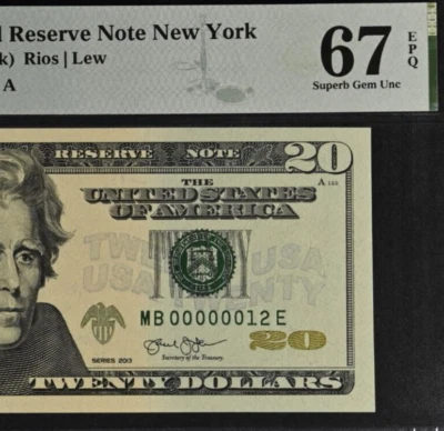 2013 $20 Federal Reserve Note PMG 67EPQ Superb Gem Low Serial Number 00000012 - Image 1 of 3
