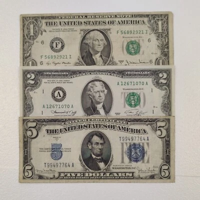 1934 $5 Bill silver seal note 1977 one dollar bill $2 banknote 1976 uncirculated - Image 1 of 4