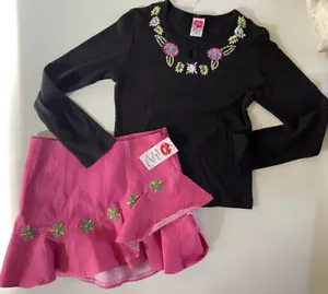 NWT LIPSTIK Girls 12 Pink Ruffled boutique Beaded skirt & Black embroidered top - Picture 1 of 6
